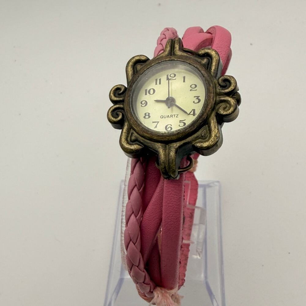 Charming Ladies Vintage Style Pink Threaded Leather Watch Working New Battery
